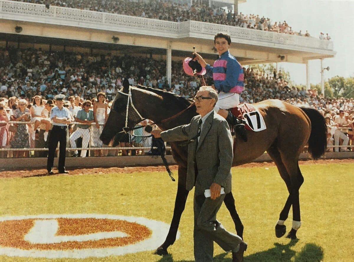 Dad after winning the 1984 Perth Cup on Moss Kingdom. Look at that crowd!