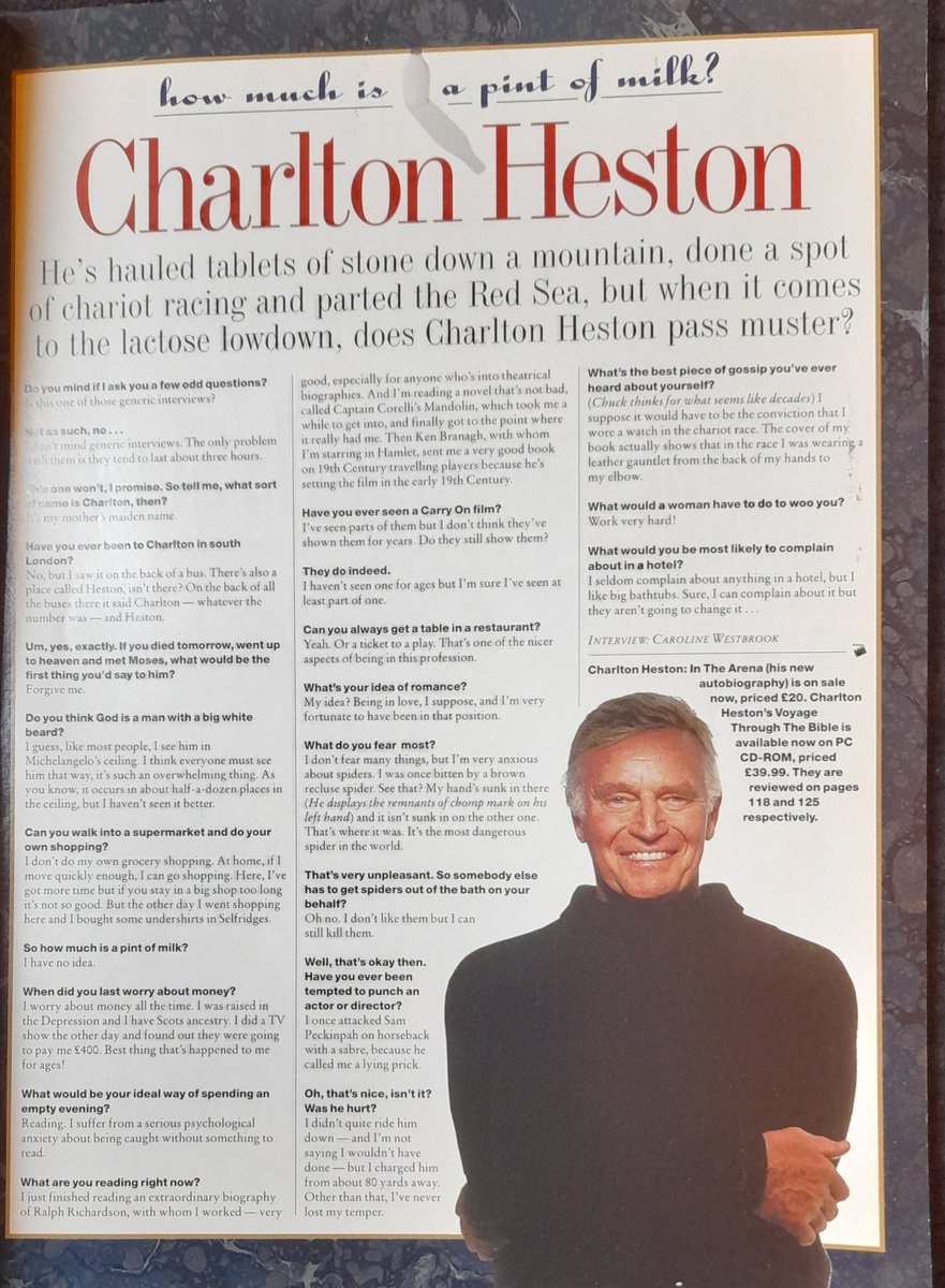 Taking part in this issue's How Much Is A Pint Of Milk feature, Charlton Heston 'reveals' himself to be pompous, arrogant, thuggish, faintly misogynistic and afraid of spiders. I hope our eight-legged friends were reading.