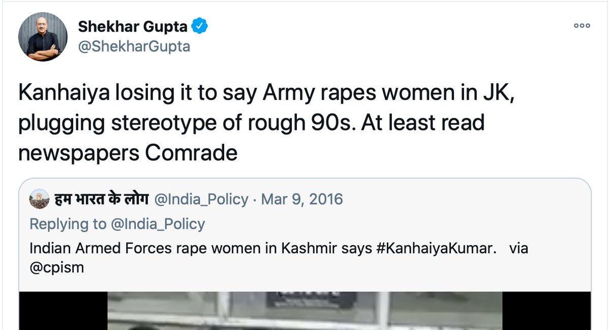 While  @AzaanJavaid does a fine report on this for  @ThePrintIndia, Print editor  @ShekharGupta dismisses allegations of rapes and murders by armed forces as a "stereotype of rough 90s", saying "at least read the newspapers". Will he read, comment on a story in his own publication?
