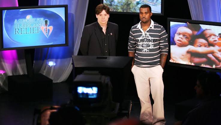 7. Kanye West and Mike Myers The infamous yet striking line that Kanye said will remain in history as one of the best things to come out of Kanye's mouth. This picture captures moments before the sentence Ye says as we all know today George Bush doesn't care about Black people
