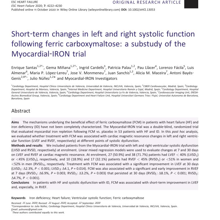  Myocardial-IRON trial Investigación  @GVAclinic  @incliva_iis  @SVCardio, mención especial a  @yulnunezvill  @gema_minana  @Carbhel!En  con IC y déficit de hierro, tratar con hierro carboximaltosa se asocia con repleción miocárdica de hierro y mejoria FEVI y FEVD por  #whyCMR