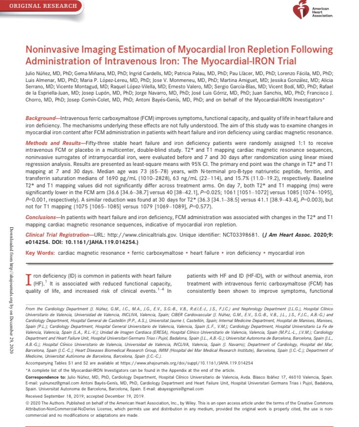  Myocardial-IRON trial Investigación  @GVAclinic  @incliva_iis  @SVCardio, mención especial a  @yulnunezvill  @gema_minana  @Carbhel!En  con IC y déficit de hierro, tratar con hierro carboximaltosa se asocia con repleción miocárdica de hierro y mejoria FEVI y FEVD por  #whyCMR