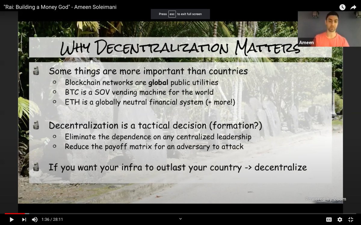 Building *global* public infrastructure in adversarial contexts where your adversary could be some control-freak country is why decentralization matters.If Bitcoin & Ethereum weren't decentralized, they would already be dead.