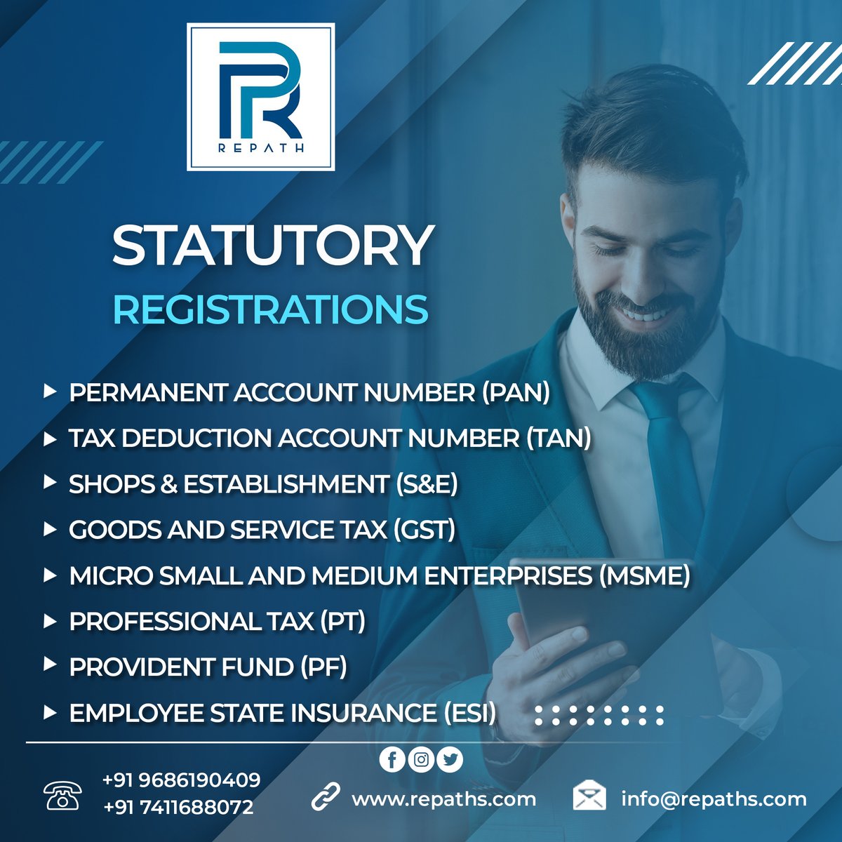 RepathL's tweet image. Looking for Statutory Registration Services..? 

Contact Us For More Details:
+91 9686190409
+91 7411688072

Visit Us: repaths.com

#statutory #statutoryregistration #Services #registration #GST #providendfund #professionaltax
