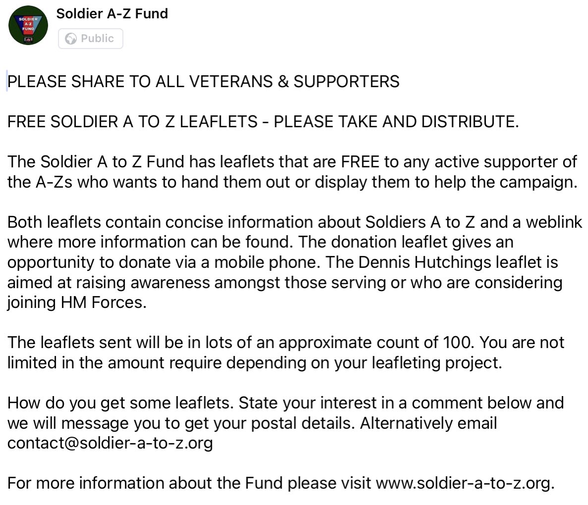 SoldierAtoZFund's tweet photo. FREE SOLDIER A TO Z LEAFLETS - PLEASE ASK &amp; DISTRIBUTE.

The Soldier A to Z Fund has leaflets FREE to any active supporter of the A-Zs who wants to distribute or display them to help the A-Z campaign. For more information about the Fund please visit https://t.co/gq8nLlC64c https://t.co/gLRZvnAMir