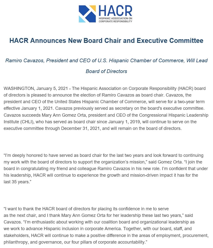 Congratulations to our <a href="/USHCC/">USHCC</a> President &amp; CEO Ramiro A. Cavazos on being named Chairman of the Board for the Hispanic Association on Corporate Responsibility (HACR)! <a href="/HACRORG/">HACR</a> <a href="/RAConomics/">Ramiro A. Cavazos</a> <a href="/CidWilson/">Cid Wilson</a> <a href="/mgomezorta/">Mary Ann Gomez Orta</a>