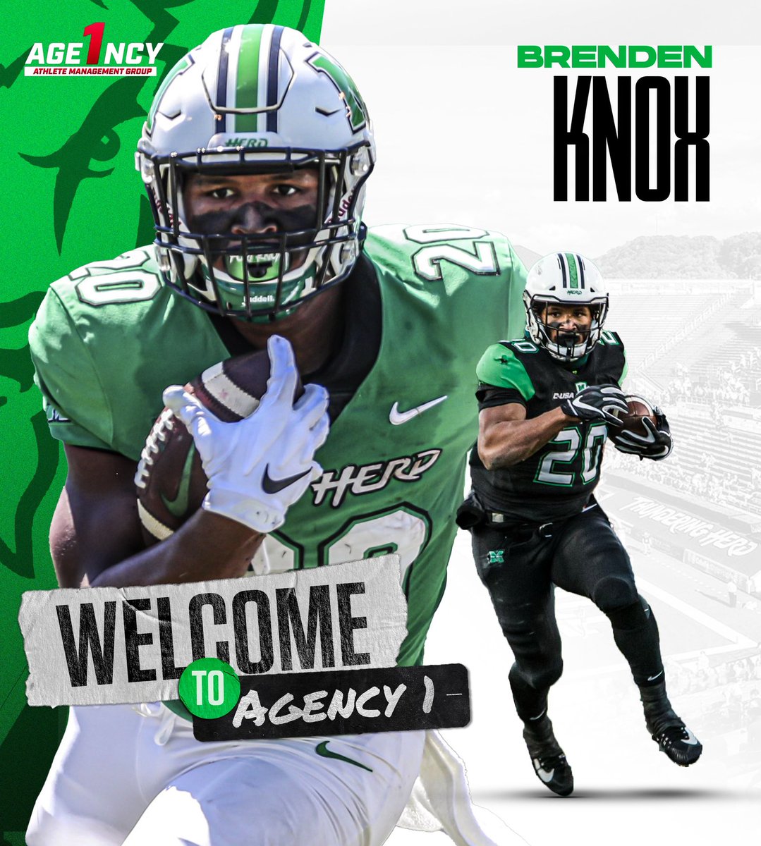 Excited to Welcome RB Brenden Knox (<a href="/itsbrendenknox_/">Brenden Knox</a>) to the Agency 1 Family! Let’s work! #Agency1 #Agency1AMG #Marshall #NFLDraft2021