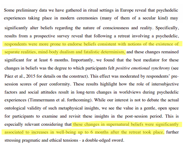 There's a lot going on in this paragraph, but it looks like increases in these beliefs -- separate realities, mind-body dualism, "fatalistic determinism" (?) -- were associated with people feeling good after the retreats?