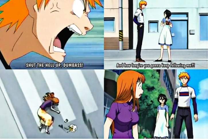 In the anime Ichigo is walking and Rukia simply chases him until they hear and see Orihime being run over.