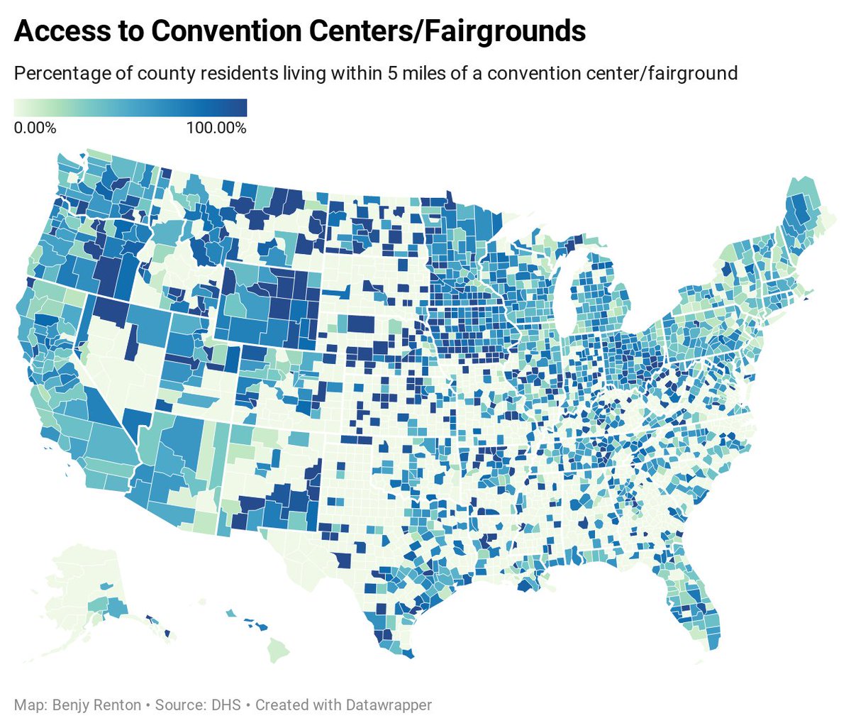 Using geospatial analysis to estimate individuals' proximity to a fairground, convention center or exhibition center, we can see that 45% of Americans live within 5 miles of these locations. These are now often unused and suitable for mass drive-through or walk-in vaccination.