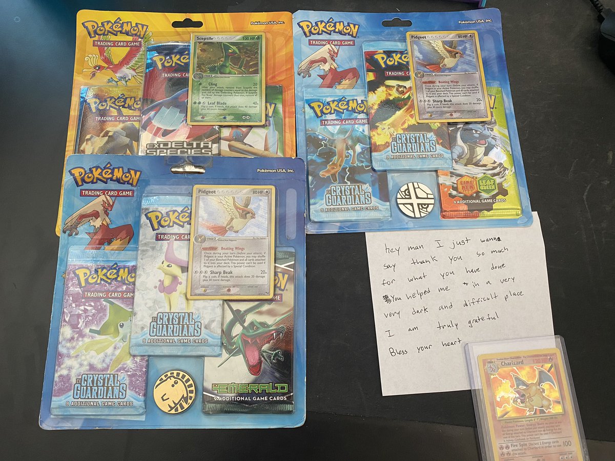 I_AM_WILDCAT's tweet photo. I bought $3000 worth of vintage Pokémon packs from a random guy off eBay to open on stream. 

Without telling me he threw in a base set Charizard and this note. Wow 🥺 https://t.co/HWMOpmM0oz
