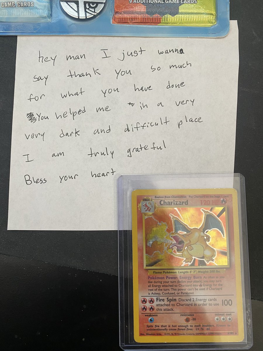 I_AM_WILDCAT's tweet photo. I bought $3000 worth of vintage Pokémon packs from a random guy off eBay to open on stream. 

Without telling me he threw in a base set Charizard and this note. Wow 🥺 https://t.co/HWMOpmM0oz