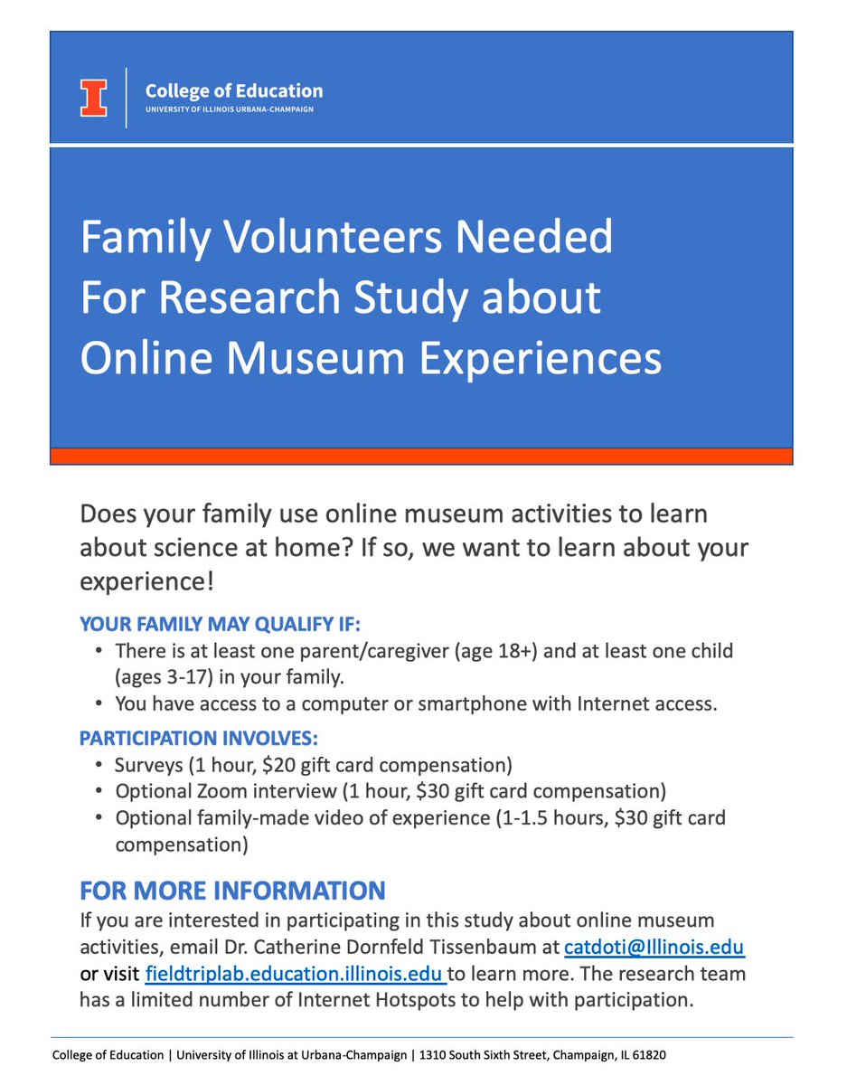 The FIELD Trip Lab is recruiting families for a virtual study! We’re interested in families’ use of virtual field trips for at-home science learning, with compensation for participation. fieldtriplab.education.illinois.edu