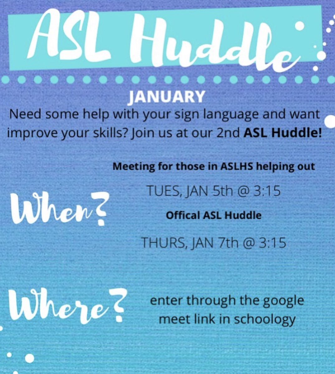 We are so excited to partner with <a href="/wspringspartans/">WS Spartans</a> ASL Honor Society to host our ASL Huddle review session this Thursday 1/7 at 3:15pm <a href="/westfieldaslhs/">ASL Honor Society</a> Link will be posted in Schoology 🤟🏼🤟🏼🤟🏼
