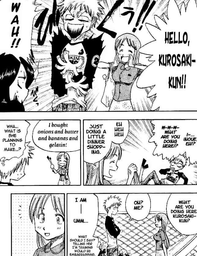 In the manga Ichigo and Rukia were TRAINING in the park until Orihime happily comes to greet them and Ichigo discovers that she was run over when she sees her arm (Well, pay attention to Orihime)