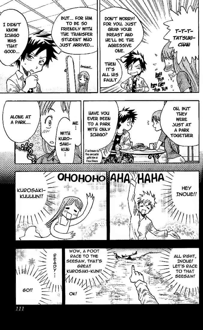 This scene was also eliminated in the anime, where we can see Orihime imagining funny stories with Ichigo. For these things I say that in the manga you can see from the beginning Orihime's interest in Ichigo while in the anime you hardly notice