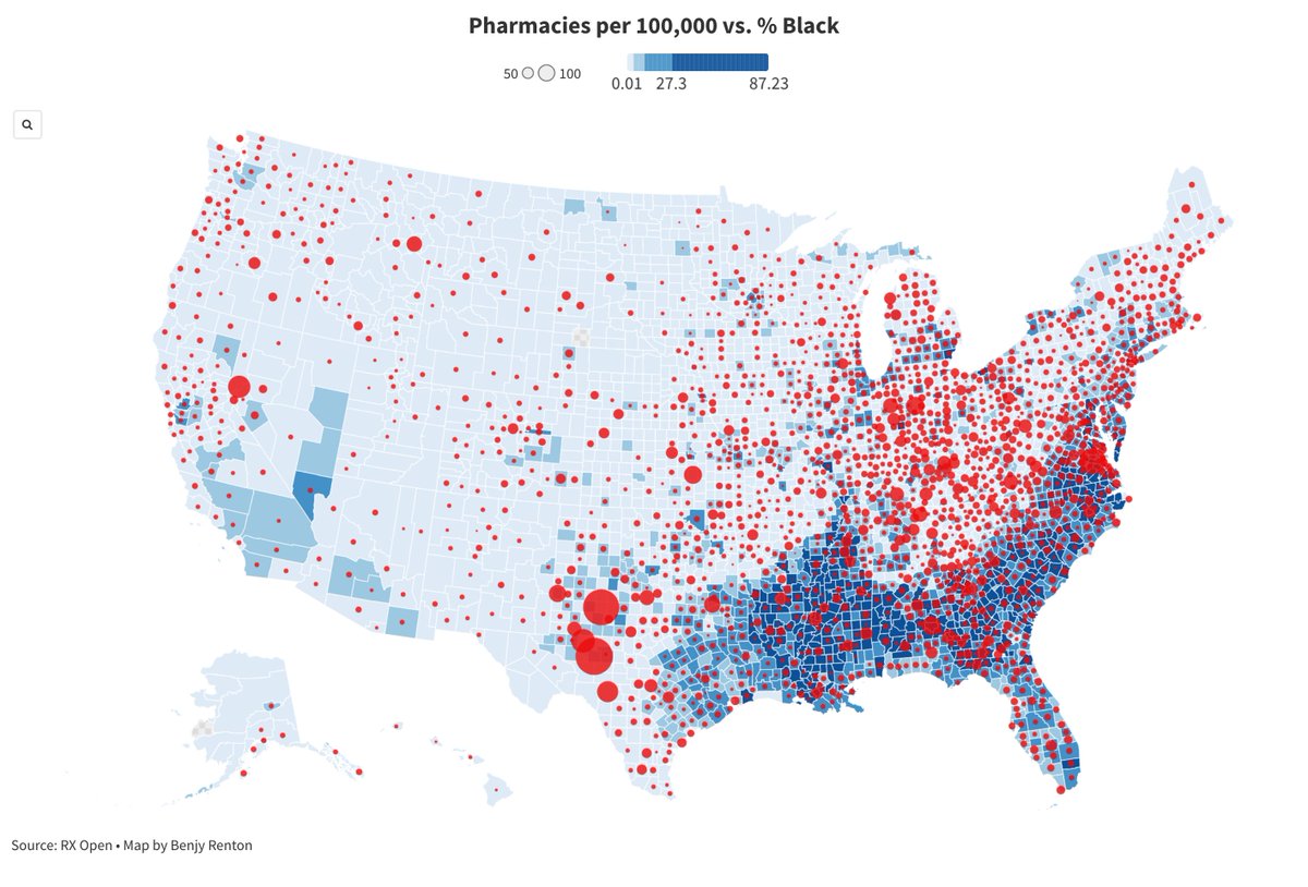 We must also highlight inequities in the pharmacy network. This is a map of participating pharmacy chains (red dots) overlaid with the percentage of Black residents in counties (blue shading).