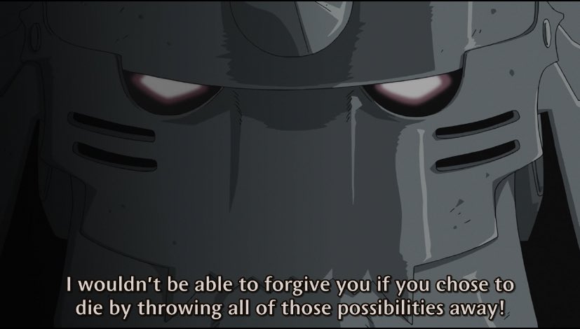 Remember how he just gave up and accepted death when Scar smashed his automail back in episode 5? What a long way he’s come since then- he’s really taken Al’s words to heart and isn’t giving up on fighting back and keeping alive even in a much worse situation.