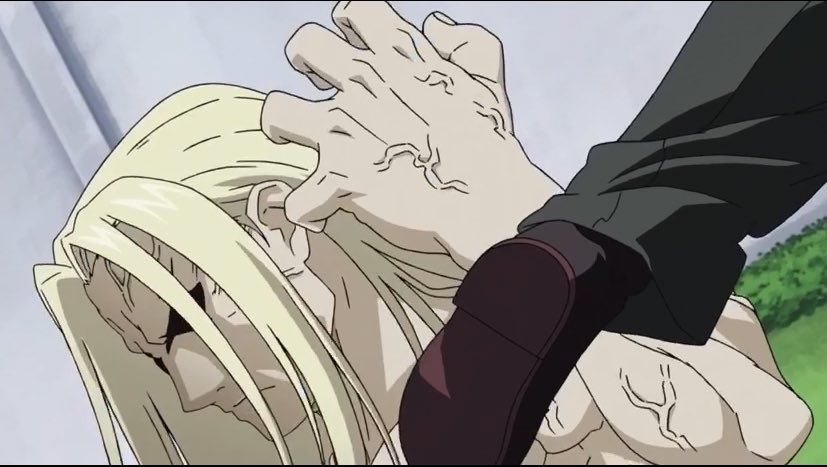 Remember how he just gave up and accepted death when Scar smashed his automail back in episode 5? What a long way he’s come since then- he’s really taken Al’s words to heart and isn’t giving up on fighting back and keeping alive even in a much worse situation.