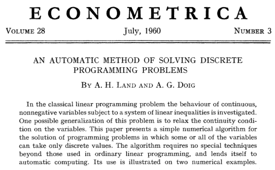 Ailsa Land and Alison Doig's original paper introducing the branch-and-bound algorithm for discrete optimization problems appeared in Econometrica, but almost immediately all follow-up papers appeared in OR and MS journals. jstor.org/stable/1910129…