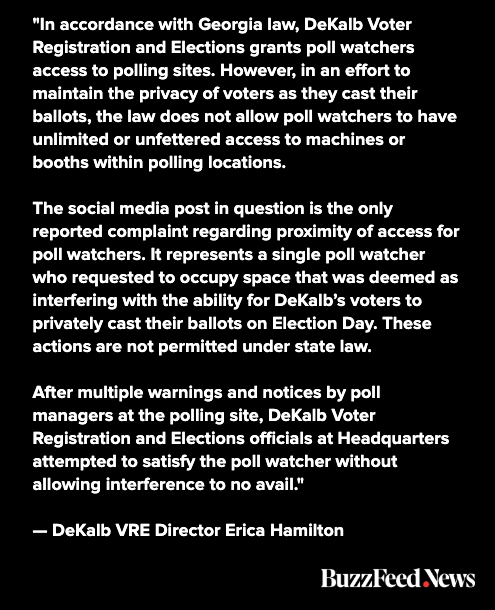 2. I asked Dekalb County officials about this post, which claims a poll watcher was asked to sit in a corner out of view. They told me, "the law does not allow poll watchers to have unlimited or unfettered access to machines or booths within polling locations." Full statement: