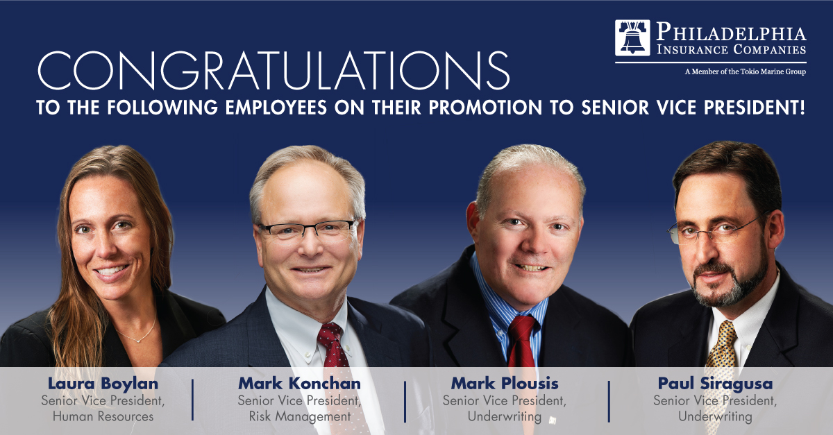 PHLYINS's tweet photo. We're pleased to announce the promotion of four leaders to Senior Vice President in our #HumanResources, #RiskManagement, and #Underwriting departments! https://t.co/2NyrKXzHzc