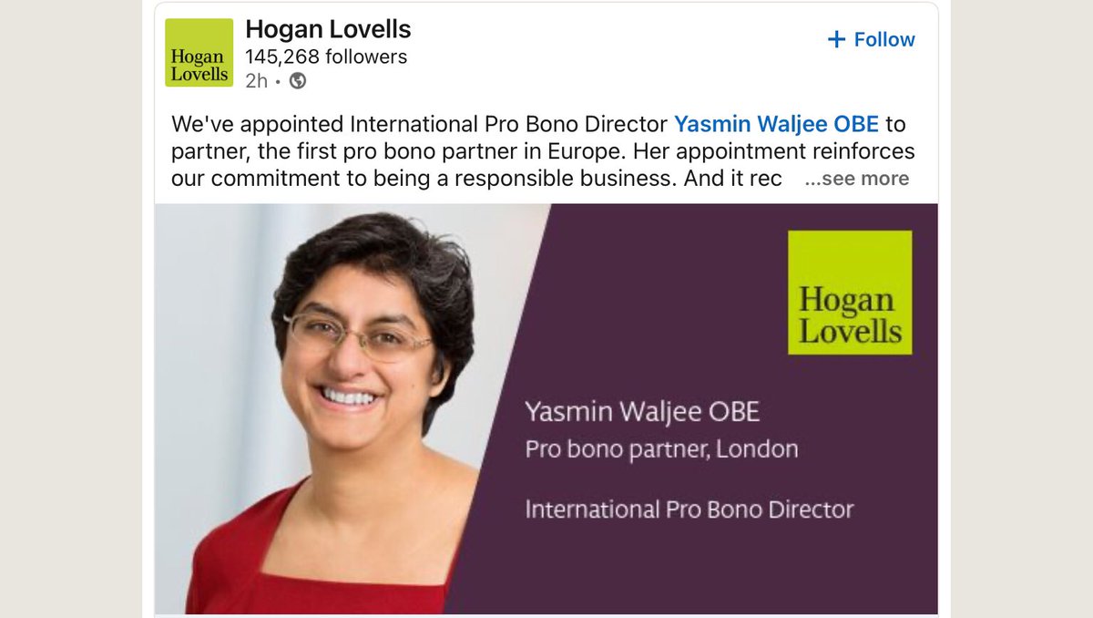 I share this tremendous news of Yasmin Waljee @HoganLovells : so many of us know what a huge amount she has contributed to the business and its wider community of stakeholders. I know many will wish to congratulate her👍🏻 A great champion, collaborator & I am proud to call friend.