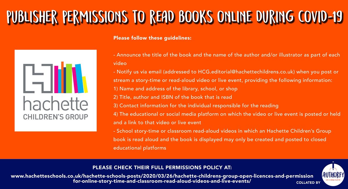 More from  @FaberChildrens  @HachetteKids  @HachetteSchools  @HarperCollinsCh &  @LittleTigerUK Please note: this is only a summary of publisher permissions & some have not yet been updated for 2021, so please check the full guidelines before sharing videos with your students 