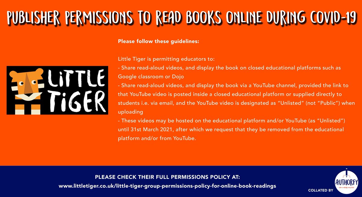 More from  @FaberChildrens  @HachetteKids  @HachetteSchools  @HarperCollinsCh &  @LittleTigerUK Please note: this is only a summary of publisher permissions & some have not yet been updated for 2021, so please check the full guidelines before sharing videos with your students 