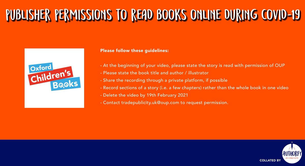 More from  @MacmillanKidsUK  @OxfordChildrens  @QuartoKids  @PuffinBooks Please note: this is only a summary of publisher permissions & some have not yet been updated for 2021, so please check the full guidelines before sharing videos with your students 