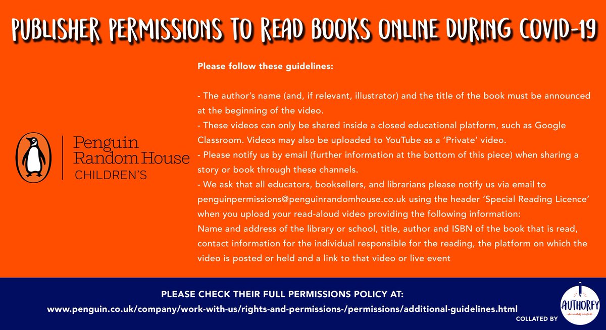 More from  @MacmillanKidsUK  @OxfordChildrens  @QuartoKids  @PuffinBooks Please note: this is only a summary of publisher permissions & some have not yet been updated for 2021, so please check the full guidelines before sharing videos with your students 