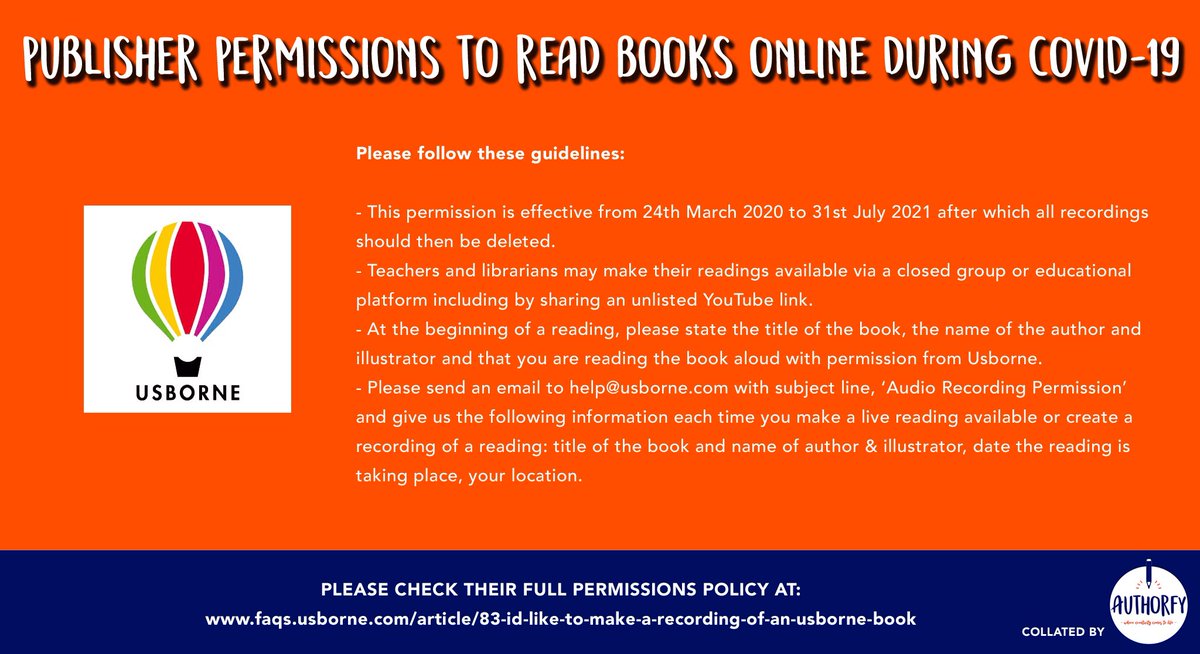 More from  @simonkids_UK  @Usborne &  @WalkerBooksUKPlease note: this is only a summary of publisher permissions & some have not yet been updated for 2021, so please check the full guidelines before sharing videos with your students 