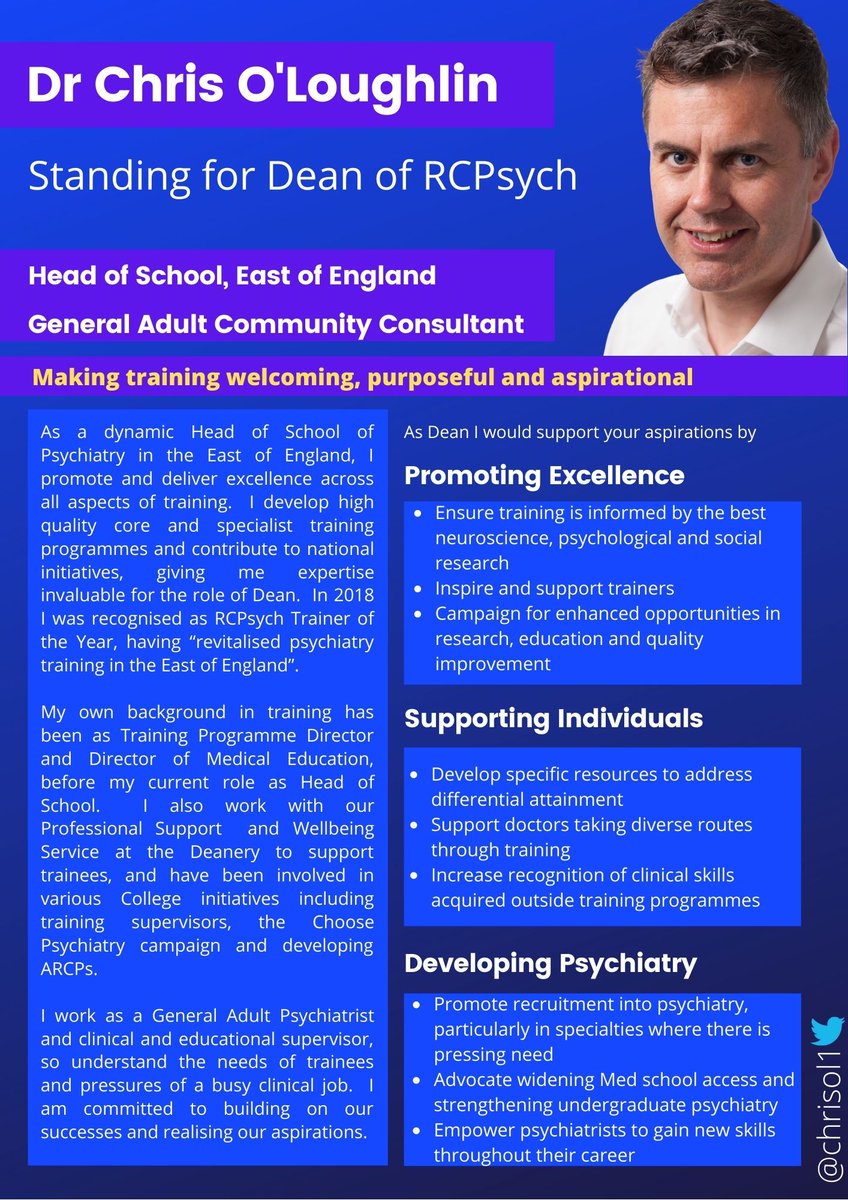 chrisol1's tweet photo. Voting for @rcpsych #Dean remains open until 12pm, 13th Jan. So much to consider, during #Covid and beyond, in how we promote excellence, support individuals and develop psychiatry-ensuring our training meets the hopes &amp; needs of our patients.  More here: https://t.co/03lhoneE0f https://t.co/VwtSlRmYXv