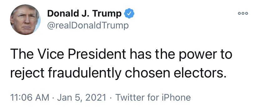 .<a href="/realDonaldTrump/">Donald J. Trump</a>, you are just wrong. The Electoral Count Act of 1887 states that the VP shall “preside” over the EC vote count. Mike Pence doesn’t even have a vote. IF he objects, it will likely be duly noted, ruled out of order, and the majorities in Congress will proceed.