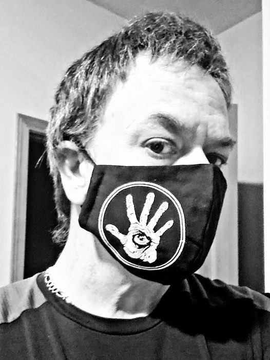 One of our Agent's in America proudly wearing his Lockdown pack ‘Hand Of Sight’ face covering today! 
Much love and respect our brother Eric Olsen who is is currently fighting serious illness as well as living the lockdown dream like the rest of us!
In Alchemia et Rebellium!