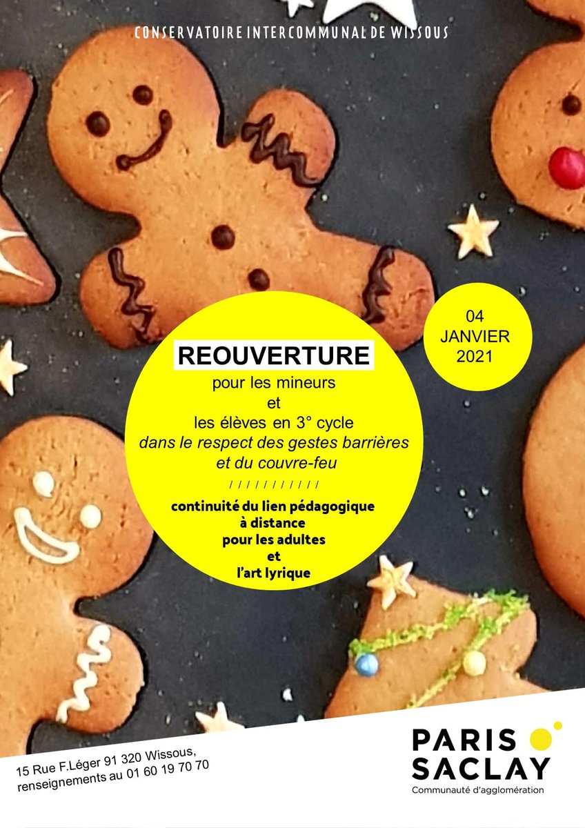 🎷I Conservatoire intercommunal de Wissous

Reprise des activités dans le respect des gestes barrières et du couvre-feu :

✅ pour les mineurs dans toutes les disciplines sauf l’art lyrique
✅ pour les élèves majeurs en 3° cycle
✅ pour les autres, lien pédagogique à distance