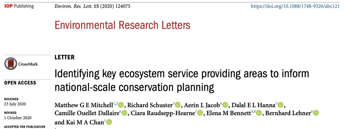 Our new paper is out today in  @ERLjournal on ecosystem services in Canada for conservation planning! ( https://iopscience.iop.org/article/10.1088/1748-9326/abc121) We mapped hotspots of carbon storage, freshwater, and outdoor recreations across the country. Here are the main messages.(1/n)