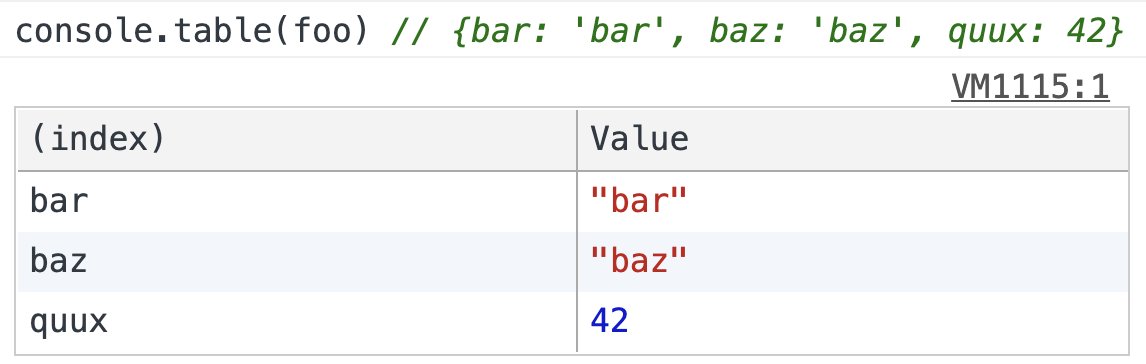 aerotwist's tweet image. You may already know this about logging in DevTools, but on the off-chance you don&apos;t, you can use console.table to print out objects in handy tabular form :)