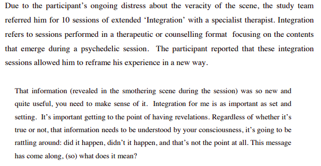 Participant in a psilocybin study had a vivid, distressing experience of mom trying to smother him as a baby. Did it actually happen, years ago? Often there's no way to find out for sure. What do you do with that?Sounds like there was some reframing during integration: