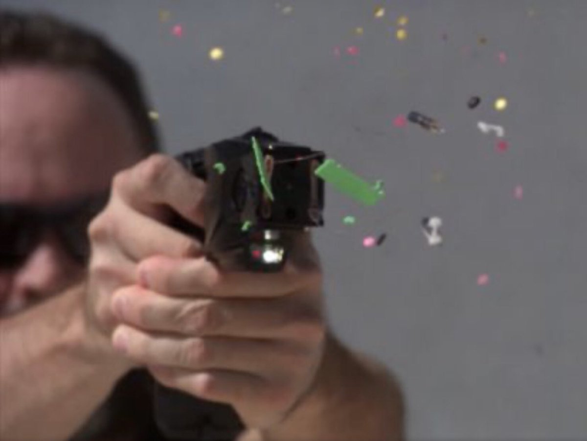 4. Tasers: (note tasers are not stun guns) Again they are totally illegal in many states. So be smart! Tasers are bulky and deploy a wire with 2 penetration prongs. Civilian models emit thousands of coded “confetti” so there’s evidence everywhere