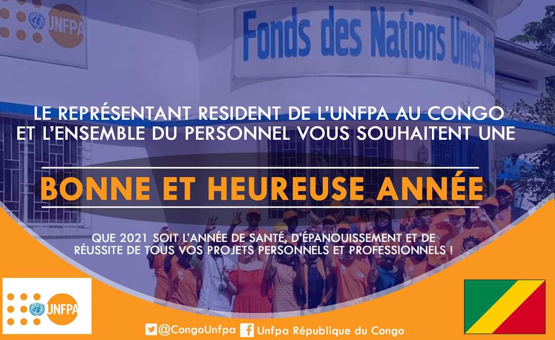 CongoUnfpa's tweet photo. Le Représentant de @CongoUnfpa &amp; l'ensemble du personnel vous souhaitent une bonne et heureuse année.
Que 2️⃣0️⃣2️⃣1️⃣ soit une année de santé, d'épanouissement et de réussite de tous les projets personnels/professionnels!
Ensemble travaillons davantage pour les choix/droits pr tous. https://t.co/fiA3keTNLO