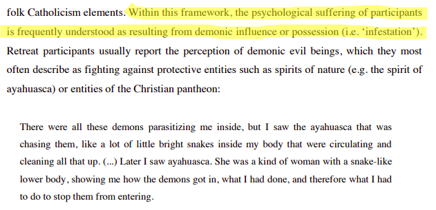 On to ayahuasca centers (Takiwasi specifically)They're more Catholic than the one I was at, but otherwise similar paradigm... distress / disease often caused by bad spirits / bad energy, and the cure is "contracting relationships with supernatural protective entities"