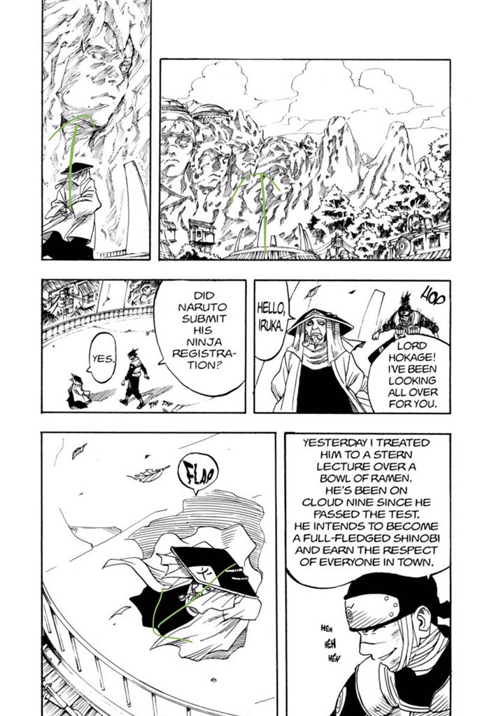 More excellent background work, the detail on the four hokage faces and mountainside gives Konoha such a distinctive landmark. I dig the use if the four faces here to “hand off” the converation with the perspective shifting when the mountain looks “back” on the hokage  #Grantuto