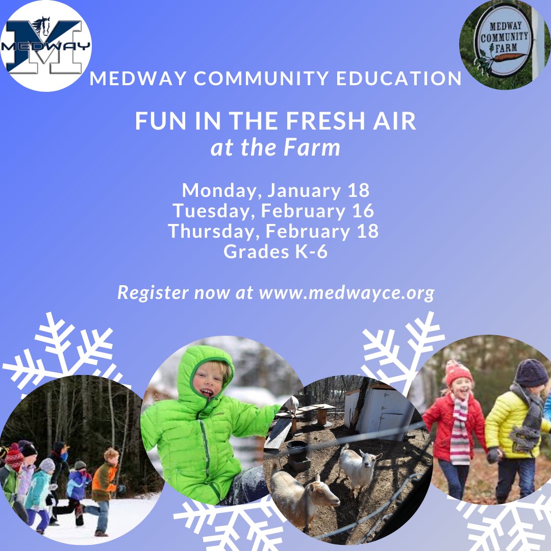medwayce's tweet image. Join your friends at the Farm for outdoor fun, fresh air and excitement!  We will explore the land, hike the trails, and investigate winter habitats and spend time with the farm animals.  Register for one, two or all three days with flexible time slots at bit.ly/3npovq1