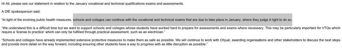 FEWeek's tweet photo. UPDATE: The DfE has just released the following statement. 

'Schools and colleges can continue with the vocational and technical exams that are due to take place in January, where they judge it right to do so.' https://t.co/KOdNN2lYIX