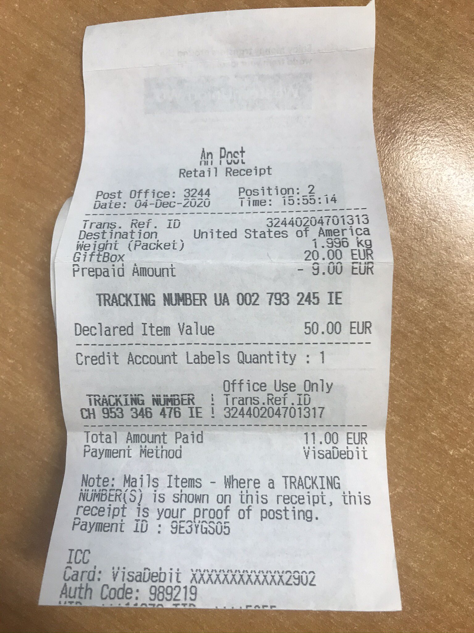 What is the tracking number on an post receipt?