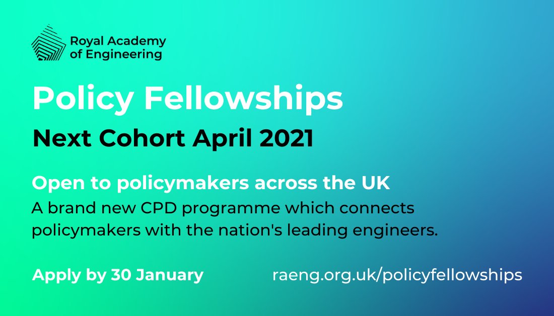 If you're a civil servant with responsibility for designing policy, in any area, then our #PolicyFellowships could be for you. Expand your network and get advice from the technical community - apply by 30 January to join our next cohort: raeng.org.uk/policyfellowsh…
