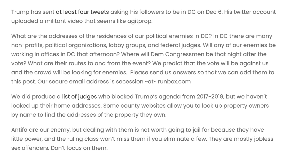 There's a group called Red State Secession organizing on Facebook (7.8K followers) and Twitter (310 followers) & calling for a Jan. 6 revolution. Their pages link to a website, asking followers to send in home & office addresses + travel routes of perceived "political enemies."