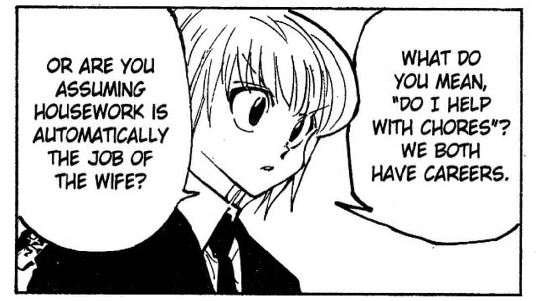 saladpika's tweet image. HxH fact #290: Kurapika advocates for the abolishment of gender norms and roles through his visual and verbal expression