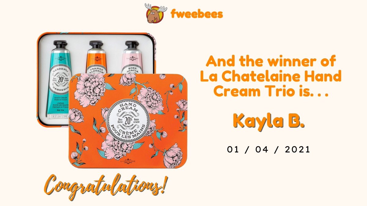 fweebees's tweet image. And the winner of yesterday's fweebee - La Chatelaine Hand Cream Trio is...

Kayla B.

Congratulations Kayla! We'll be in touch to ship your prize out.